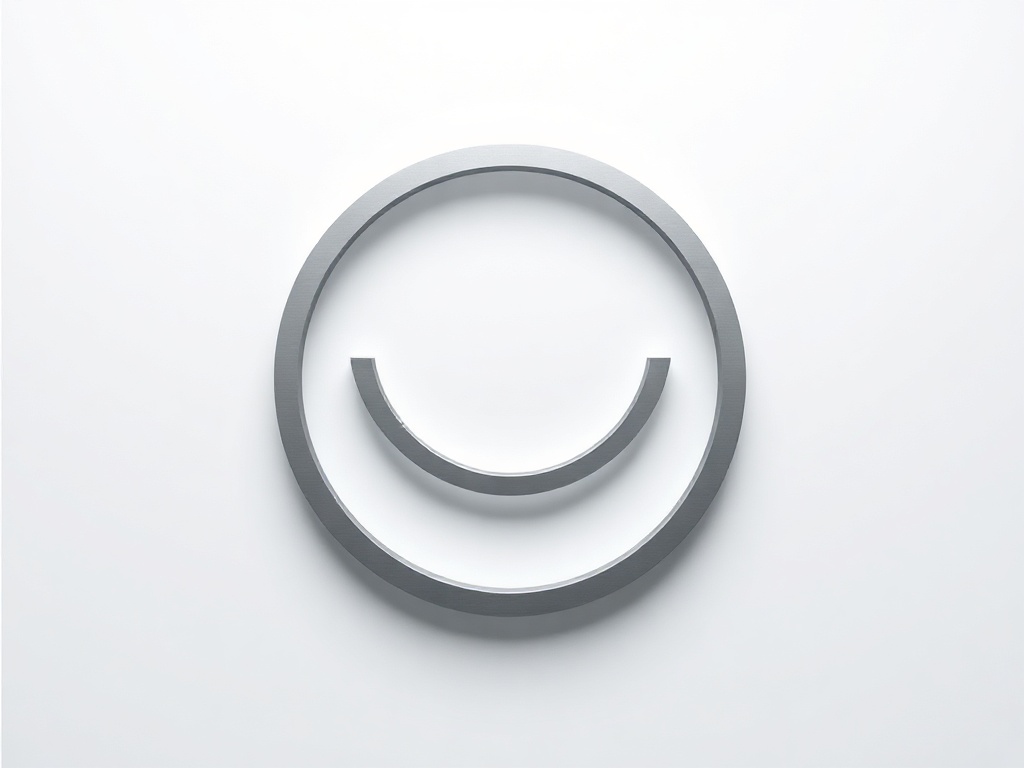 Abstract minimalist logo mark: a simple circle with a curved line representing a smiling face or a C shape, clean and modern, silver on a soft gradient background, Photorealistic, 8k.